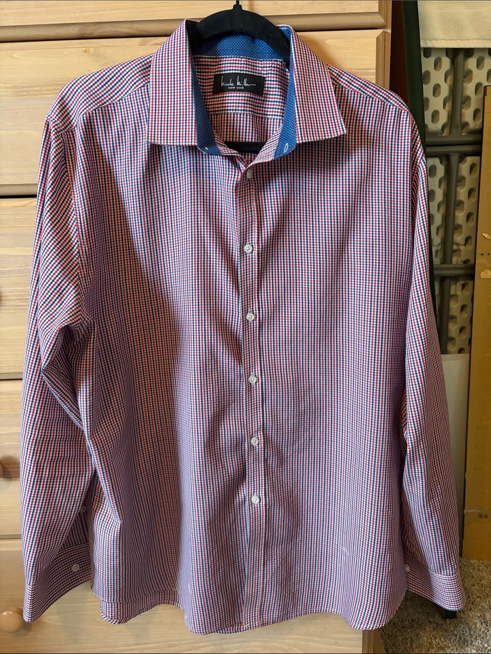Nicole Miller Red & Blue Micro-Check Dress Shirt